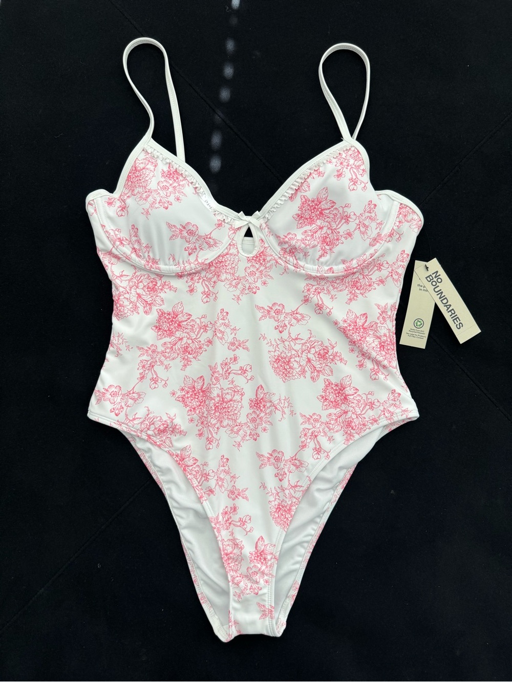 No Boundaries White One-Piece Swimsuit with Pink Floral Print
